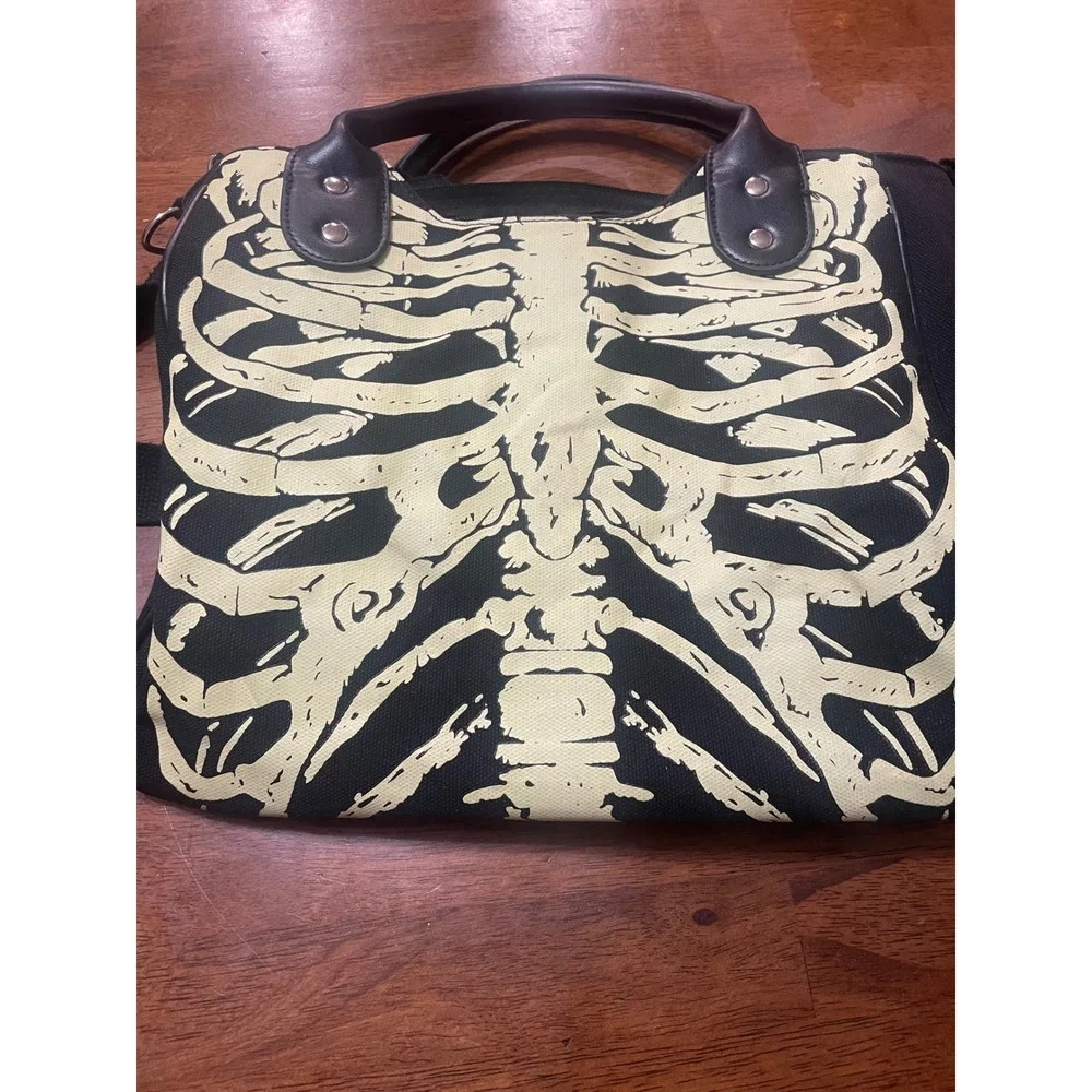 Skeleton Rib Cage Canvas Crossbody Bag Black Gothic Bone Print Tote Handbag
